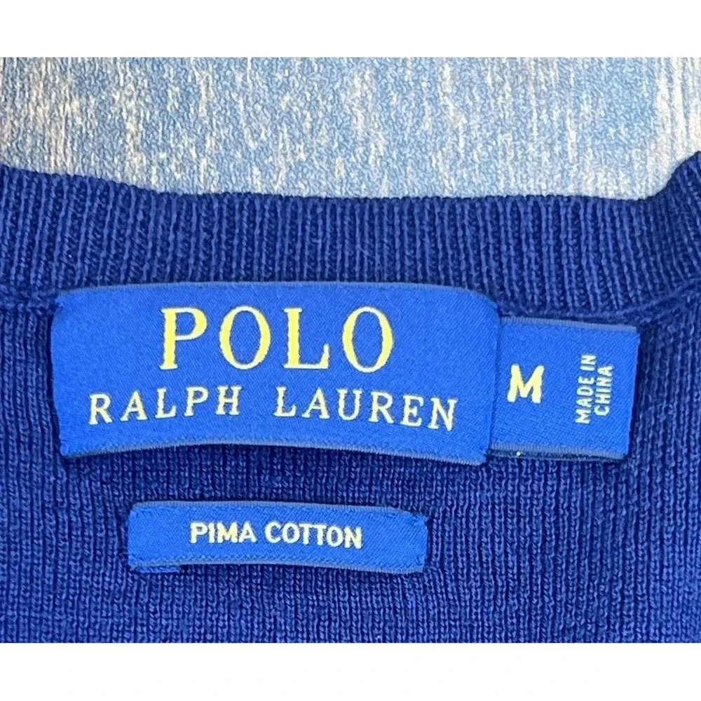Polo Ralph Lauren 100% Pima Cotton V Neck Sweater Mens Medium Blue Pullover Pony